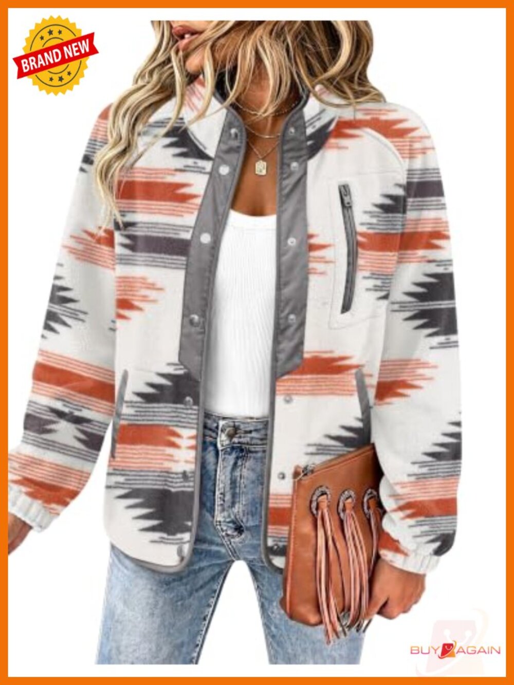 Zeagoo Fleece Jacket Western Aztec Print Snap Button Down Outerwear